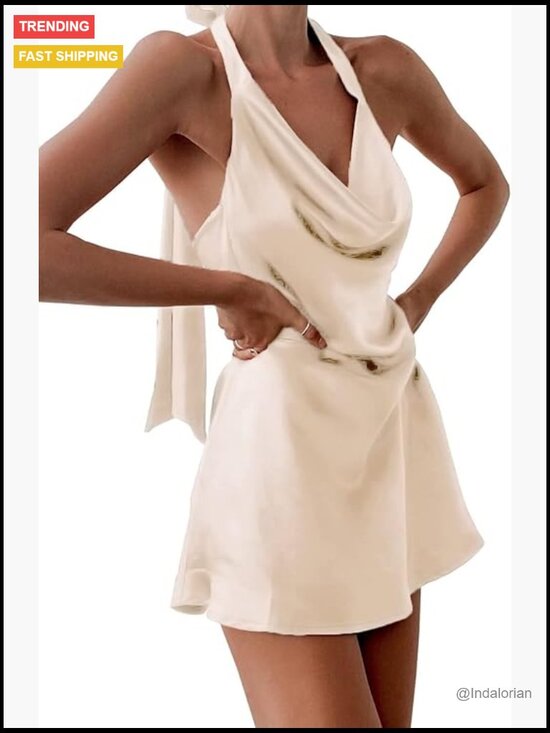 Dresses & Skirts - Satin Cowl Neck Halterneck Backless Mini Dress Slip On Bodycon